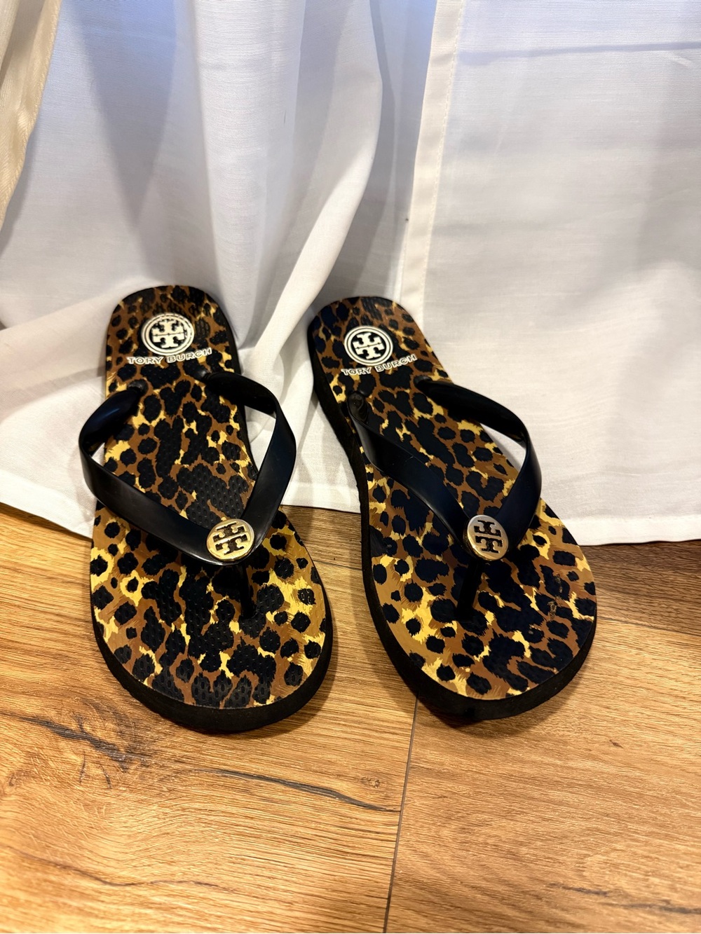 Tory Burch Leopard Print Flip Flop Sandals with Black Straps